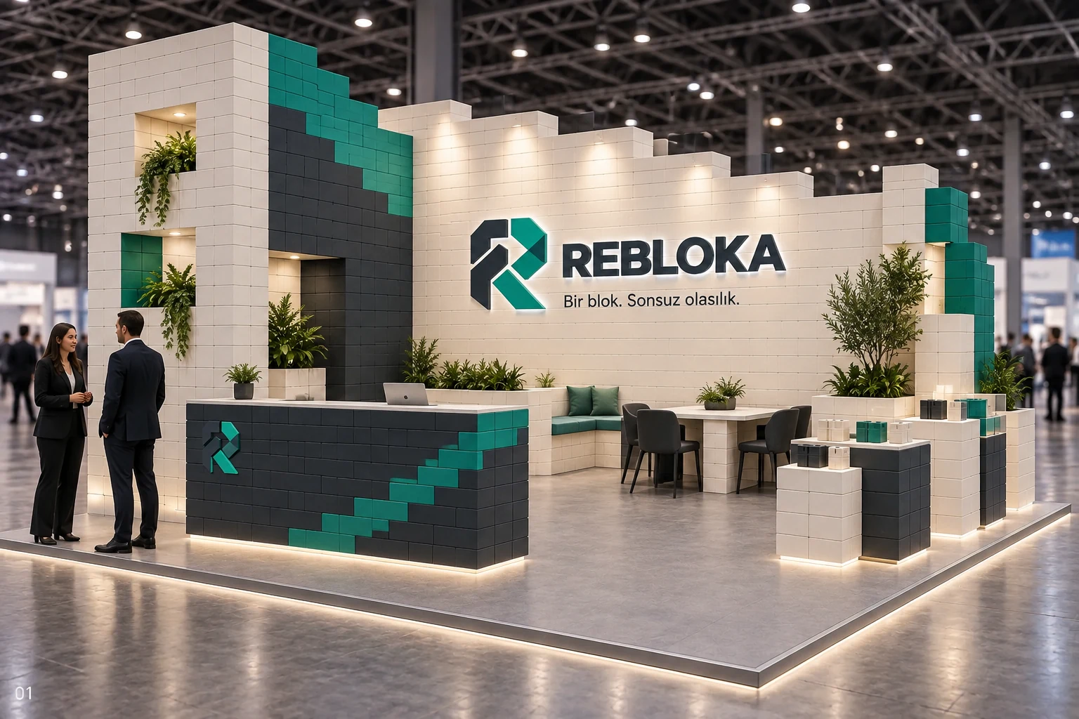 ReBloka için beyaz, antrasit ve turkuaz plastik bloklardan tasarlanan modüler fuar standı konsepti